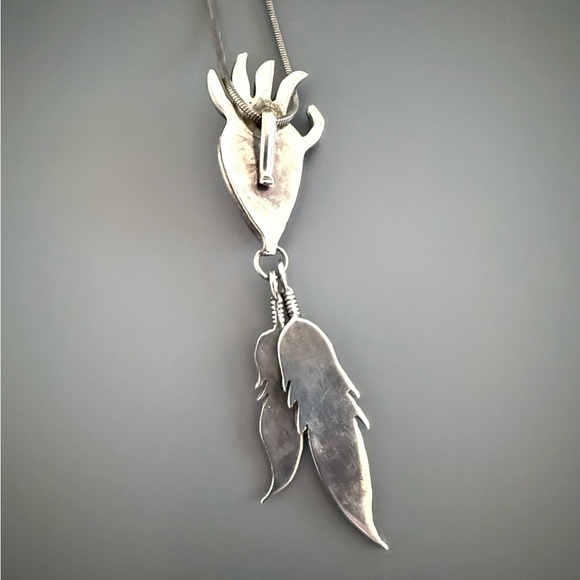 Native American Navajo SS Turquoise Bear Paw Feather Pendant by Francisco - Picture 5 of 6